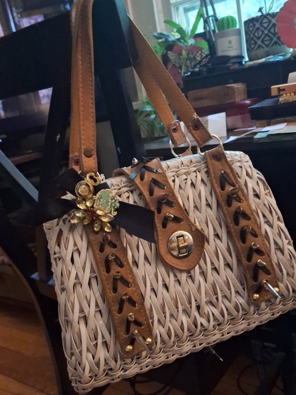 Custom Vintage Tote/ Punk Metal Studs,  Tan Leather Trim and Decorative Broochs